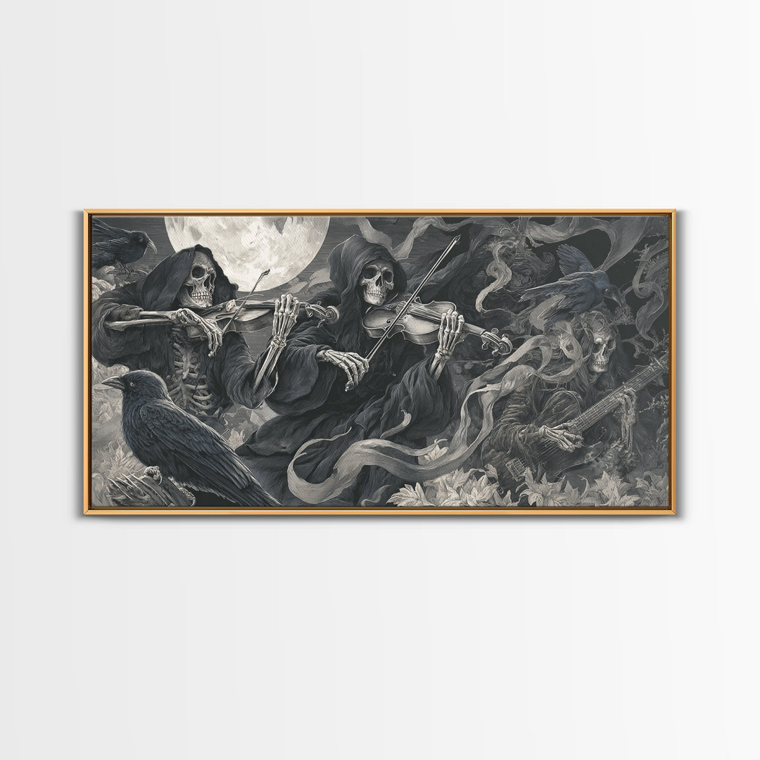 The Skeleton Orchestra, Biomechanical Horror Art, Wide Panoramic Art, Macabre Wall Art, Framed Canvas Print, Halloween Wall Art