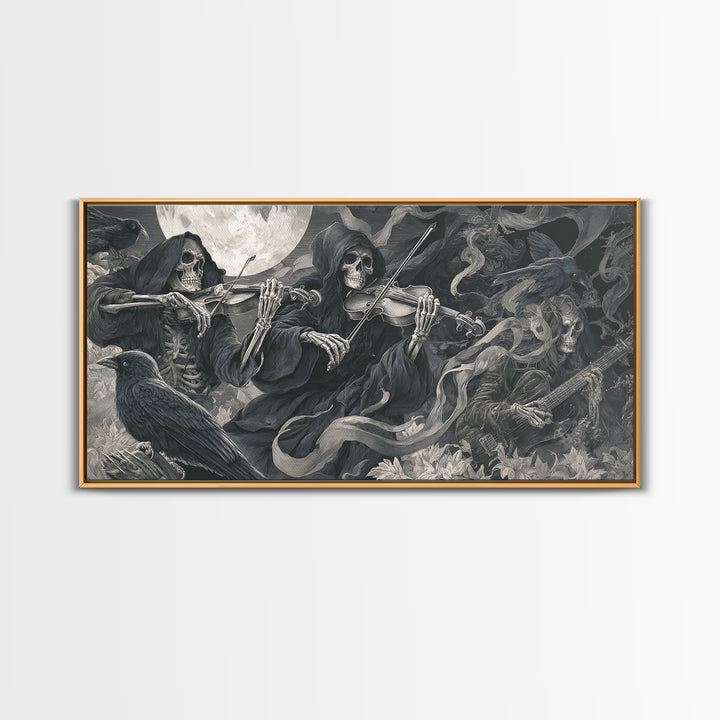 The Skeleton Orchestra, Biomechanical Horror Art, Wide Panoramic Art, Macabre Wall Art, Framed Canvas Print, Halloween Wall Art