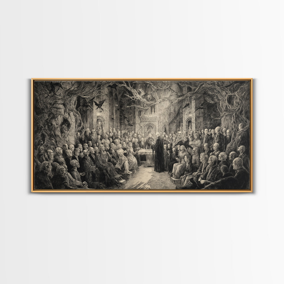 The Ghost Wedding, Expressionist Nightmare Art, Wide Panoramic Art, Dark Fantasy Wall Art, Framed Canvas Print, Halloween Wall Art