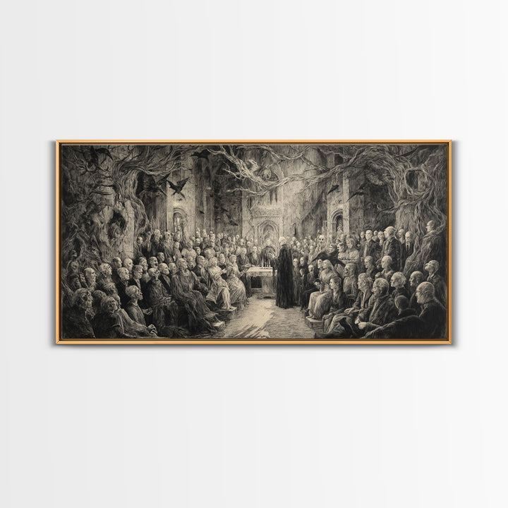 The Ghost Wedding, Expressionist Nightmare Art, Wide Panoramic Art, Dark Fantasy Wall Art, Framed Canvas Print, Halloween Wall Art