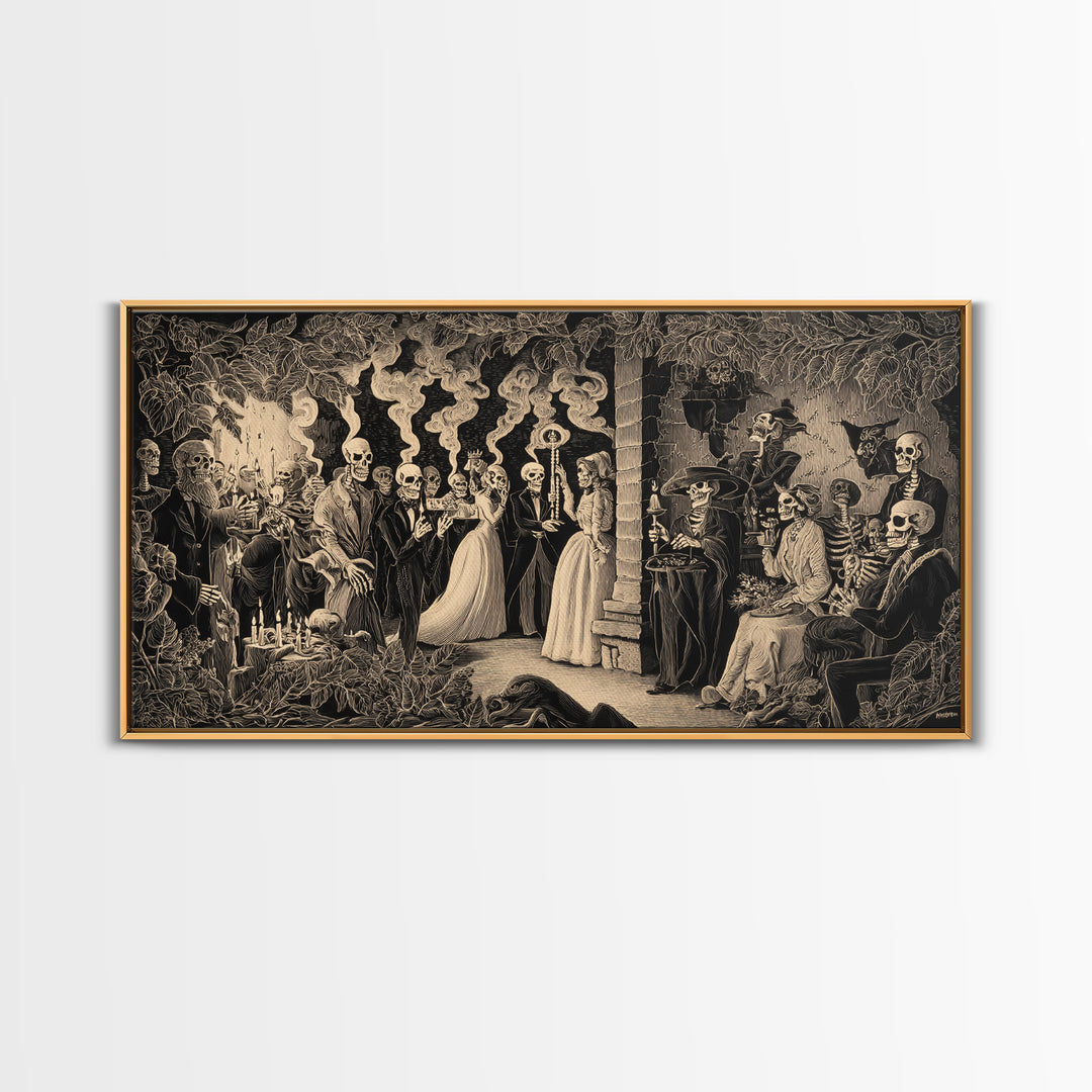 The Ghost Wedding, Macabre Folk Print Art, Wide Panoramic Art, Macabre Wall Art, Framed Canvas Print, Halloween Wall Art