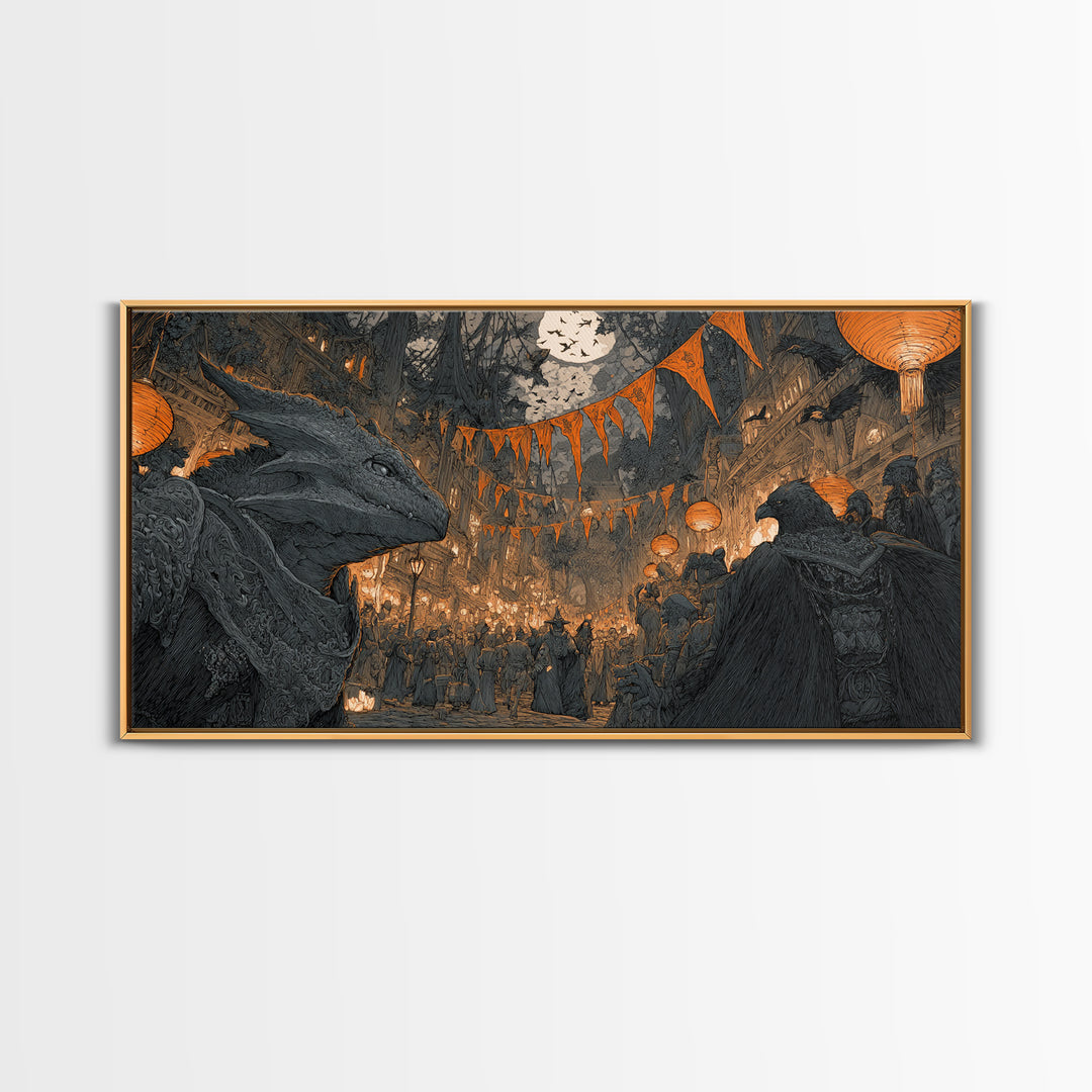 The Monster Parade, Gothic Engraving Art, Wide Panoramic Art, Dark Fantasy Wall Art, Framed Canvas Print, Halloween Wall Art