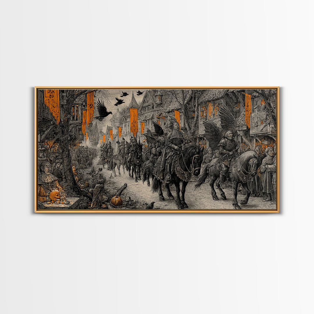The Monster Parade, Renaissance Engraving Art, Wide Panoramic Art, Dark Fantasy Wall Art, Framed Canvas Print, Halloween Wall Art
