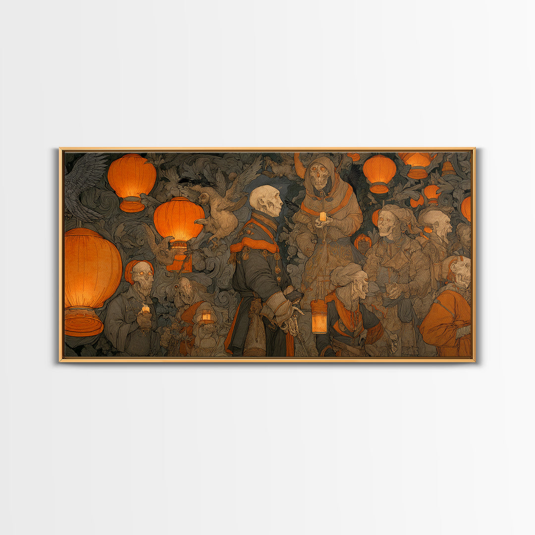 The Monster Parade, Danse Macabre Art, Wide Panoramic Art, Macabre Wall Art, Framed Canvas Print, Halloween Wall Art
