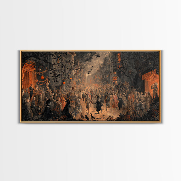 The Monster Parade, Dark Romantic Horror Art, Wide Panoramic Art, Macabre Wall Art, Framed Canvas Print, Halloween Wall Art