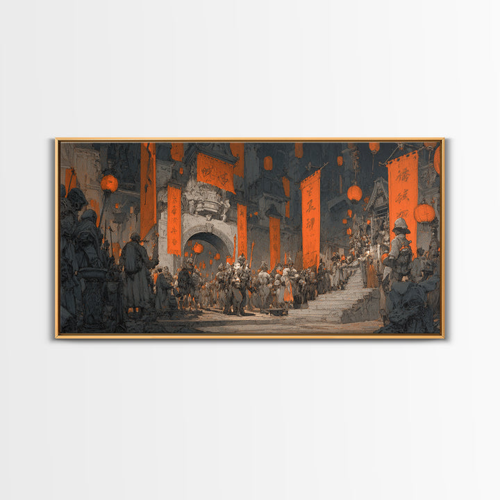 The Monster Parade, Architectural Etching Art, Wide Panoramic Art, Macabre Wall Art, Canvas Print, Halloween Wall Art