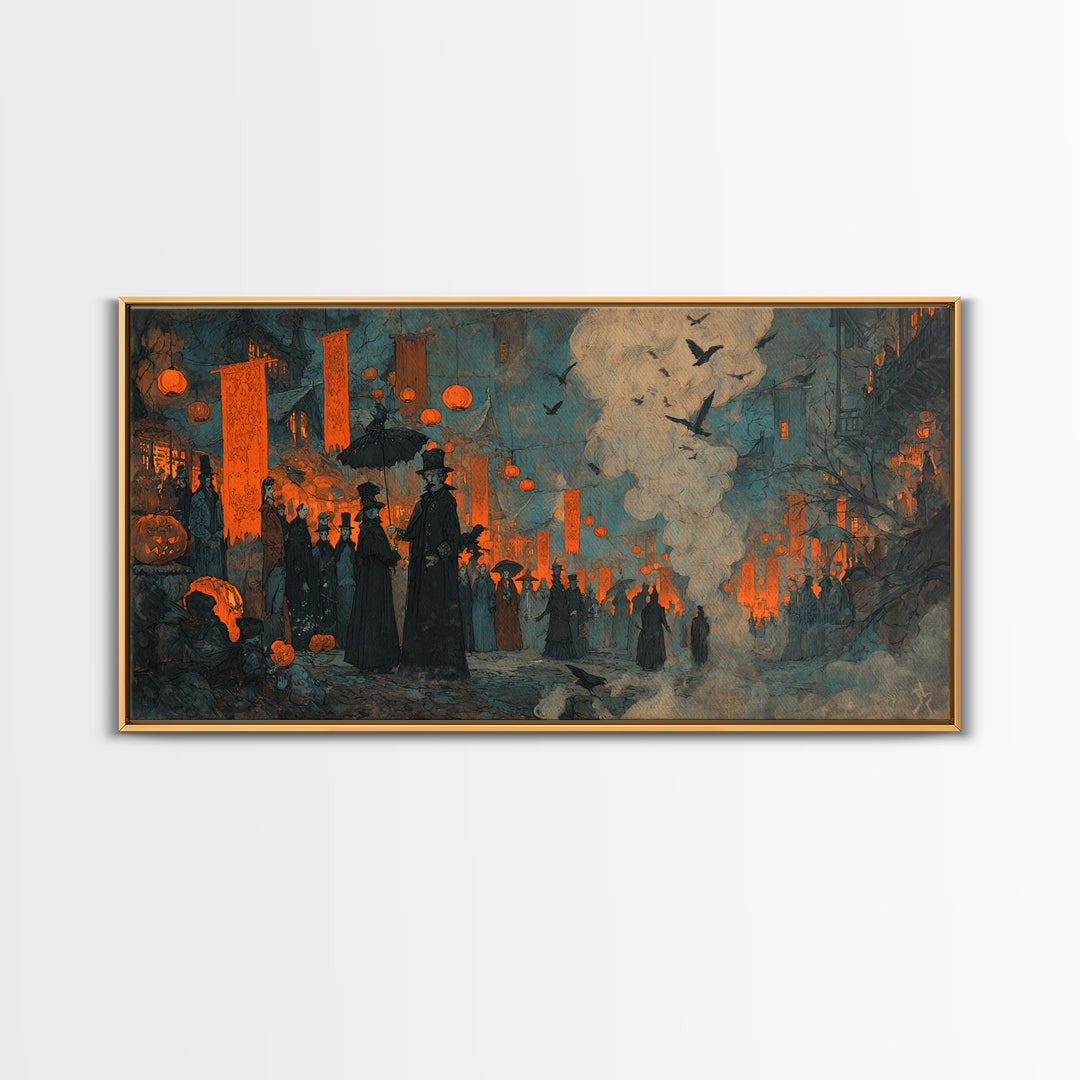 The Monster Parade, Expressionist Gothic Art, Wide Panoramic Art, Dark Halloween Decor, Canvas Print, Halloween Wall Art