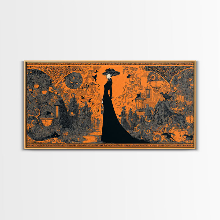 The Monster Parade, Decadent Line Art, Wide Panoramic Art, Gothic Horror Wall Art, Framed Canvas Print, Halloween Wall Art