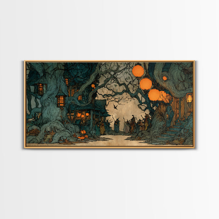 The Monster Parade, Gothic Storybook Art, Wide Panoramic Art, Dark Fantasy Wall Art, Framed Canvas Print, Halloween Wall Art
