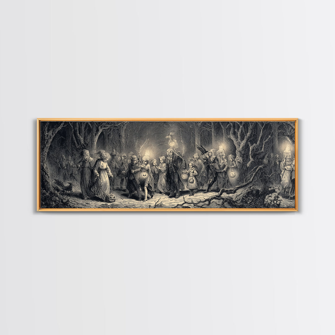 The Trick-Or-Treat Procession, Gothic Engraving Art, Extra Wide Wall Art, Dark Fantasy Wall Art, Framed Canvas Print, Spooky Wall Decor