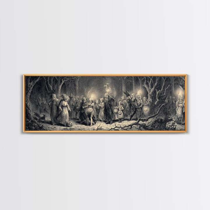 The Trick-Or-Treat Procession, Gothic Engraving Art, Extra Wide Wall Art, Dark Fantasy Wall Art, Framed Canvas Print, Spooky Wall Decor