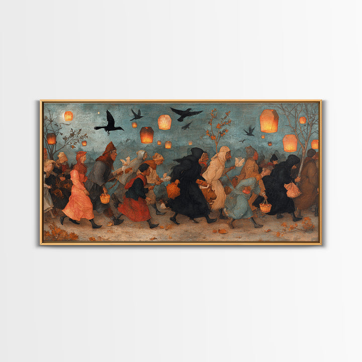 The Trick-Or-Treat Procession, Northern Renaissance Horror, Wide Panoramic Art, Dark Fantasy Wall Art, Canvas Print
