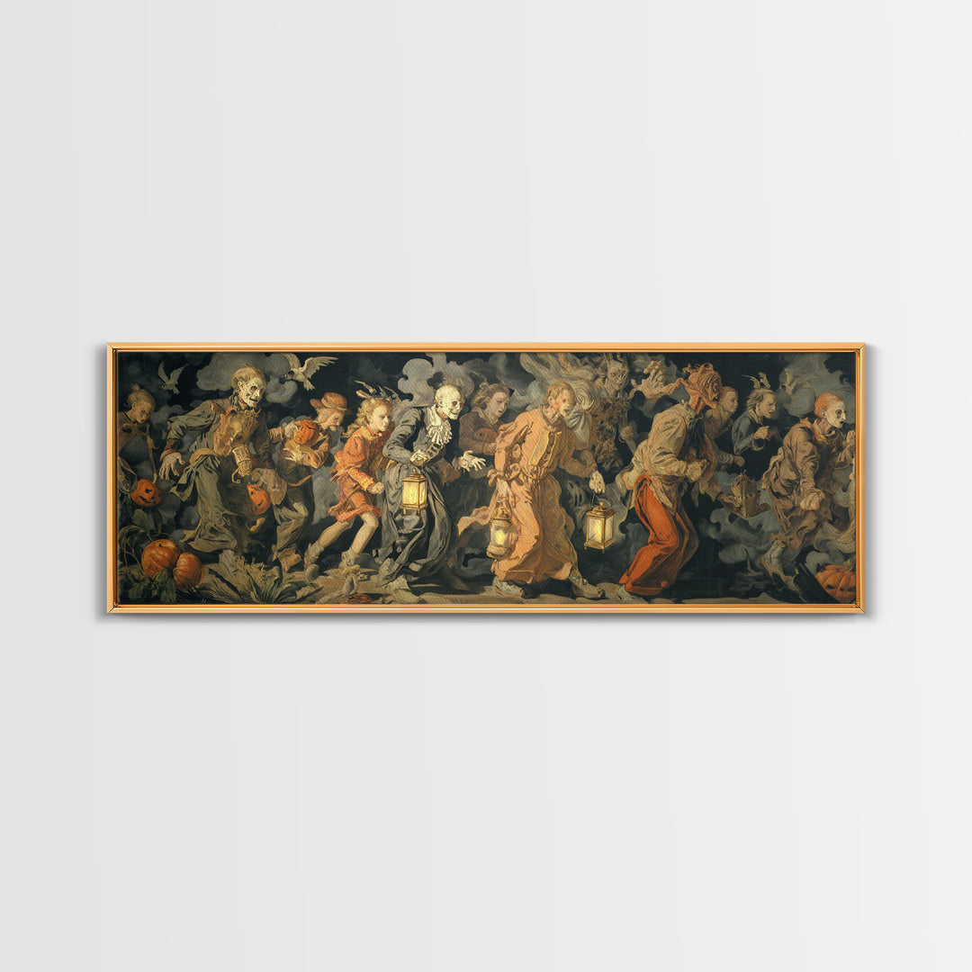 The Trick-Or-Treat Procession, Dark Renaissance Art, Extra Wide Wall Art, Dark Halloween Decor, Framed Canvas Print