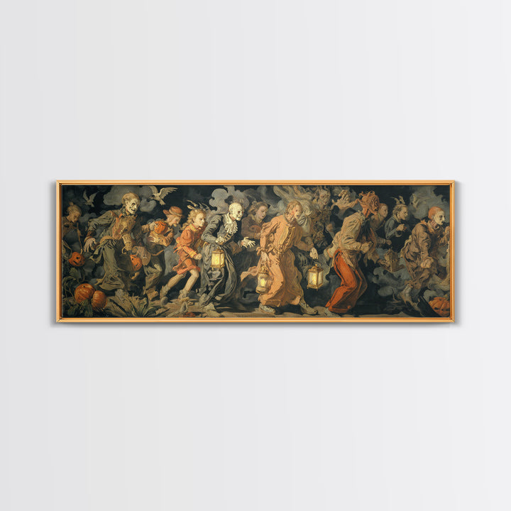 The Trick-Or-Treat Procession, Dark Renaissance Art, Extra Wide Wall Art, Dark Halloween Decor, Framed Canvas Print