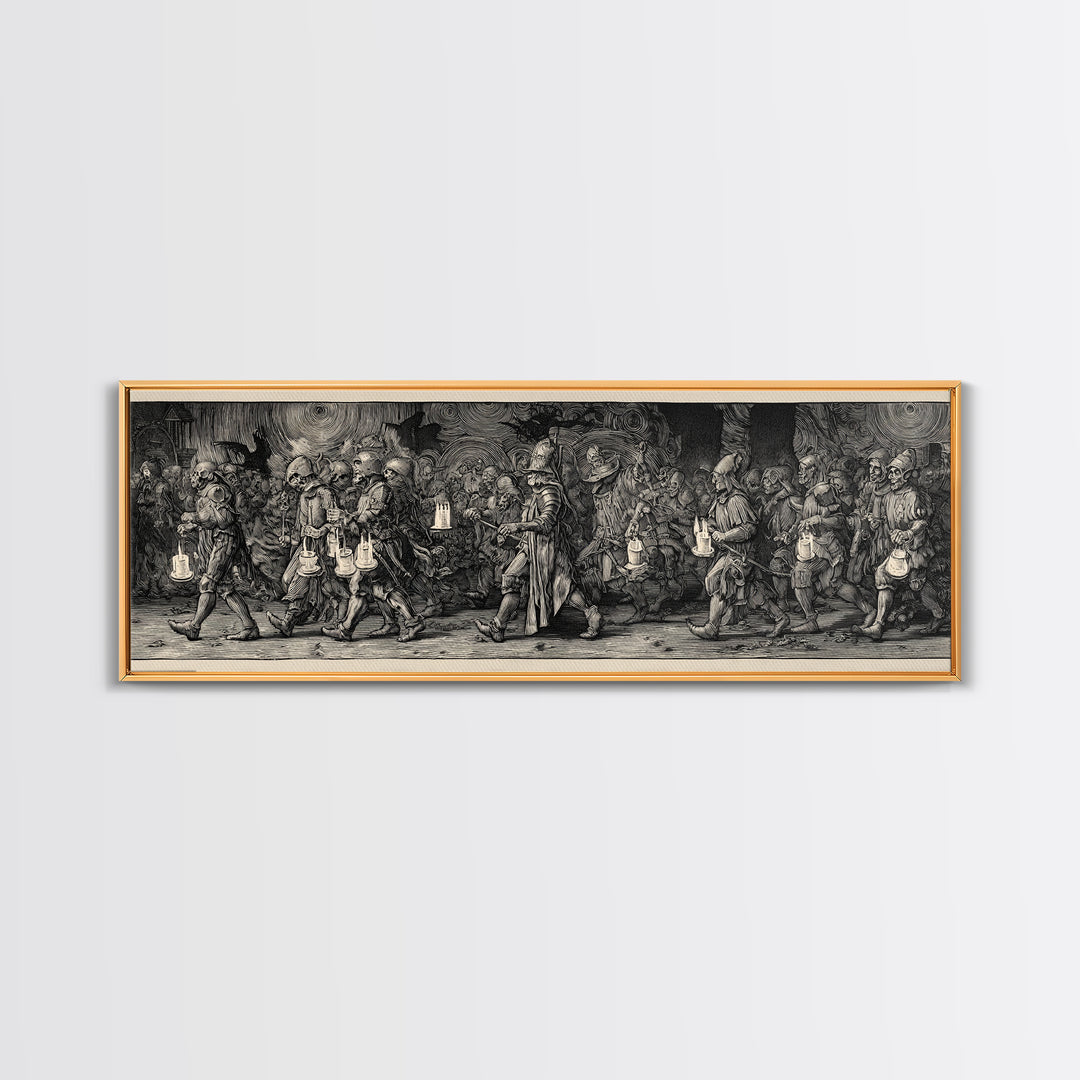 The Trick-Or-Treat Procession, Renaissance Engraving Art, Extra Wide Wall Art, Macabre Wall Art, Canvas Print, Halloween Wall Art