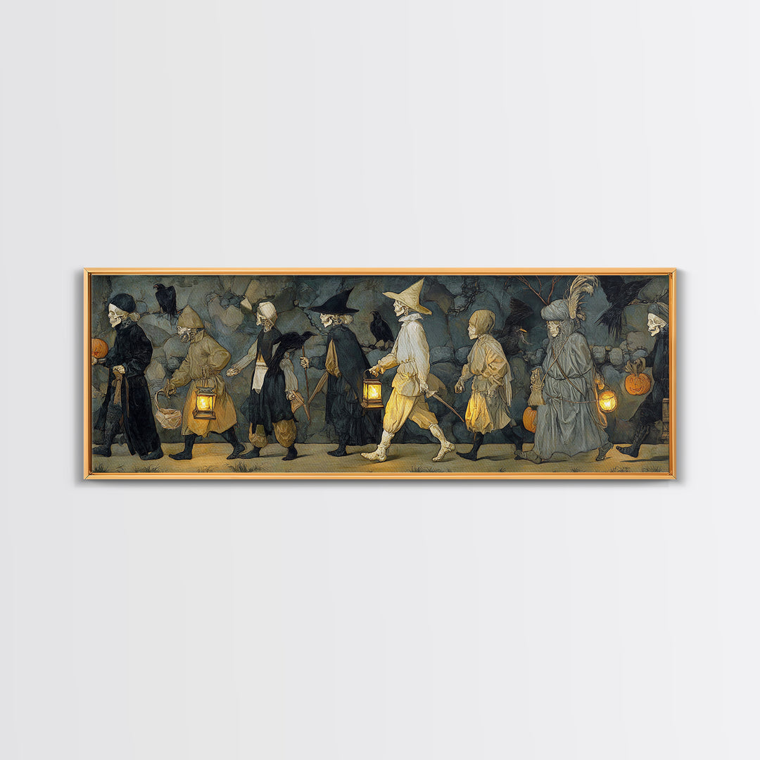 The Trick-Or-Treat Procession, Danse Macabre Art, Extra Wide Wall Art, Dark Halloween Decor, Canvas Print