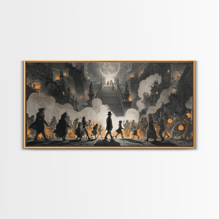 The Trick-Or-Treat Procession, Architectural Etching Art, Wide Panoramic Art, Macabre Wall Art, Framed Canvas Print