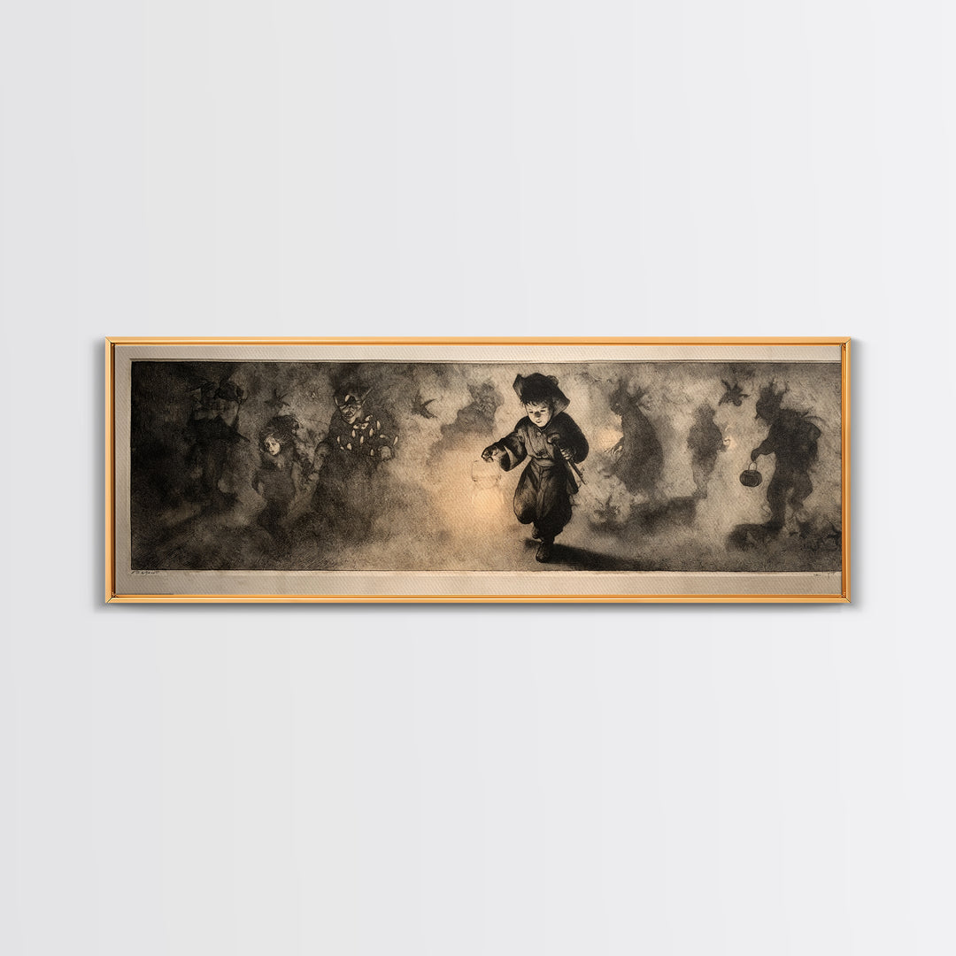The Trick-Or-Treat Procession, Symbolist Dream Art, Extra Wide Wall Art, Dark Fantasy Wall Art, Canvas Print, Halloween Wall Art