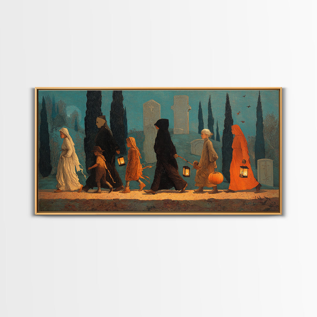 The Trick-Or-Treat Procession, Symbolist Gothic Landscape, Wide Panoramic Art, Gothic Horror Wall Art, Framed Canvas Print