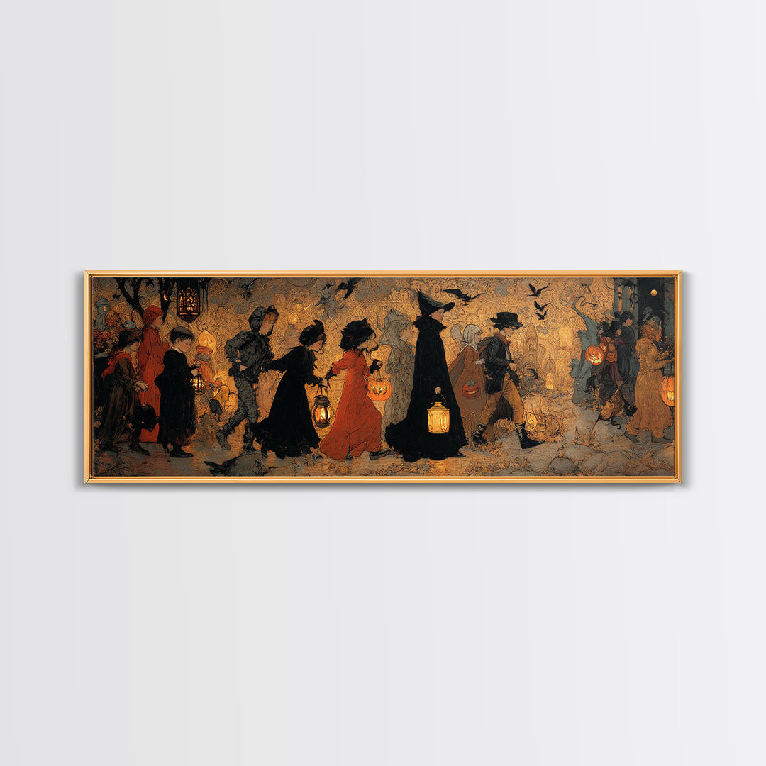 The Trick-Or-Treat Procession, Ornate Symbolist Art, Extra Wide Wall Art, Dark Halloween Decor, Canvas Print, Halloween Wall Art