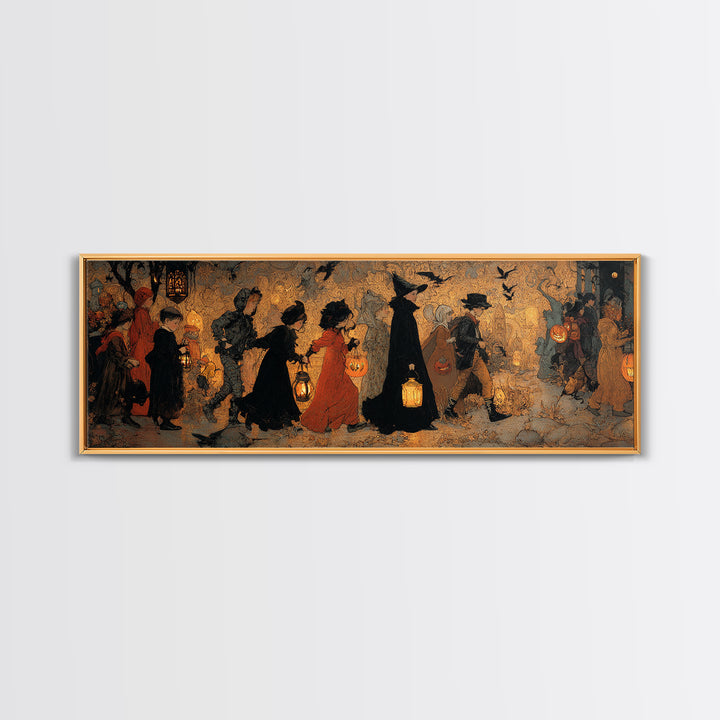 The Trick-Or-Treat Procession, Ornate Symbolist Art, Extra Wide Wall Art, Dark Halloween Decor, Canvas Print, Halloween Wall Art