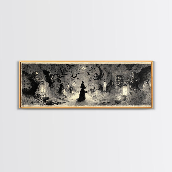 The Trick-Or-Treat Procession, Decadent Gothic Art, Extra Wide Wall Art, Macabre Wall Art, Framed Canvas Print, Halloween Wall Art