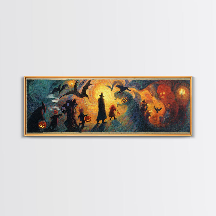 The Trick-Or-Treat Procession, Expressionist Gothic Art, Extra Wide Wall Art, Macabre Wall Art, Framed Canvas Print, Halloween Wall Art