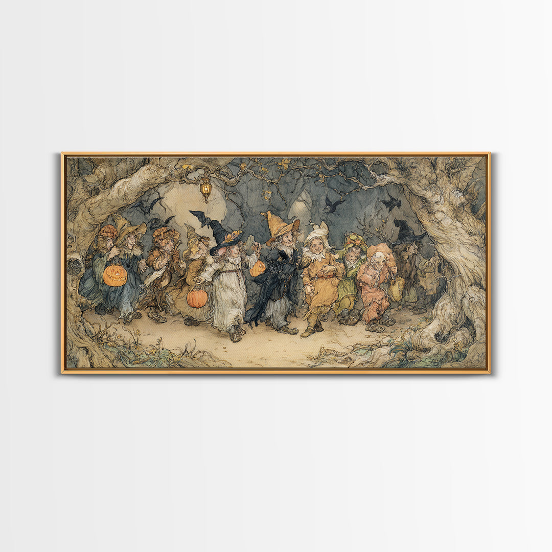The Trick-Or-Treat Procession, Gothic Storybook Art, Wide Panoramic Art, Macabre Wall Art, Framed Canvas Print, Halloween Wall Art