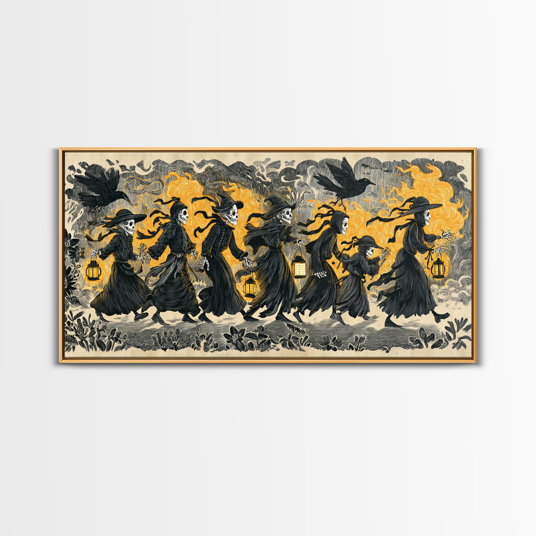 The Trick-Or-Treat Procession, Macabre Folk Print Art, Wide Panoramic Art, Dark Halloween Decor, Canvas Print