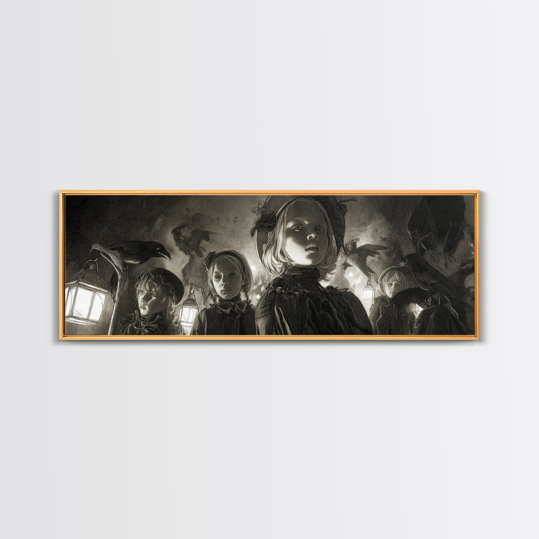 The Trick-Or-Treat Procession, Biomechanical Horror Art, Extra Wide Wall Art, Dark Halloween Decor, Canvas Print, Halloween Wall Art