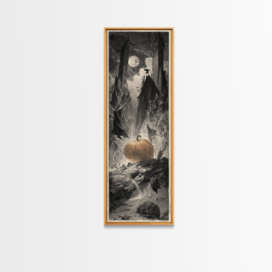 The Pumpkin-Carving Ritual, Gothic Engraving Art, Tall Narrow Wall Art, Gothic Horror Wall Art, Framed Canvas Print, Halloween Wall Art