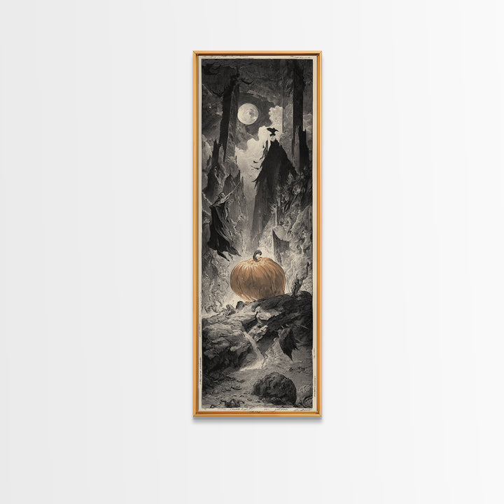The Pumpkin-Carving Ritual, Gothic Engraving Art, Tall Narrow Wall Art, Gothic Horror Wall Art, Framed Canvas Print, Halloween Wall Art