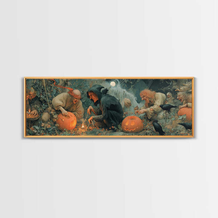 The Pumpkin-Carving Ritual, Medieval Grotesque Art, Extra Wide Wall Art, Gothic Horror Wall Art, Framed Canvas Print