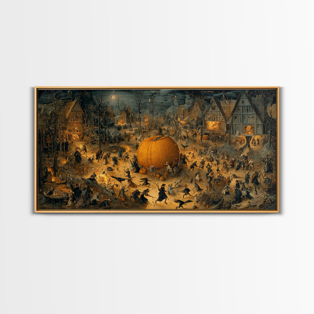 The Pumpkin-Carving Ritual, Northern Renaissance Horror, Wide Panoramic Art, Gothic Horror Wall Art, Framed Canvas Print