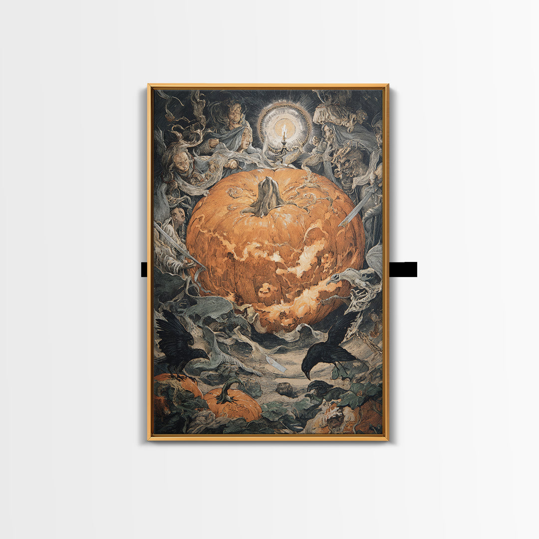 The Pumpkin-Carving Ritual, Dark Renaissance Art, Vertical Wall Art, Macabre Wall Art, Framed Canvas Print, Halloween Wall Art