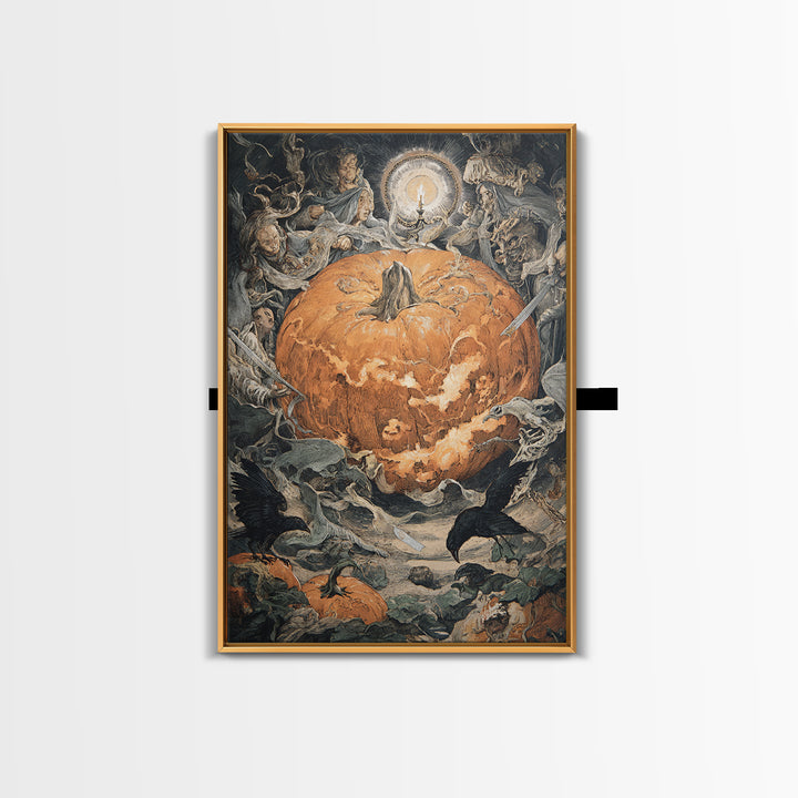The Pumpkin-Carving Ritual, Dark Renaissance Art, Vertical Wall Art, Macabre Wall Art, Framed Canvas Print, Halloween Wall Art