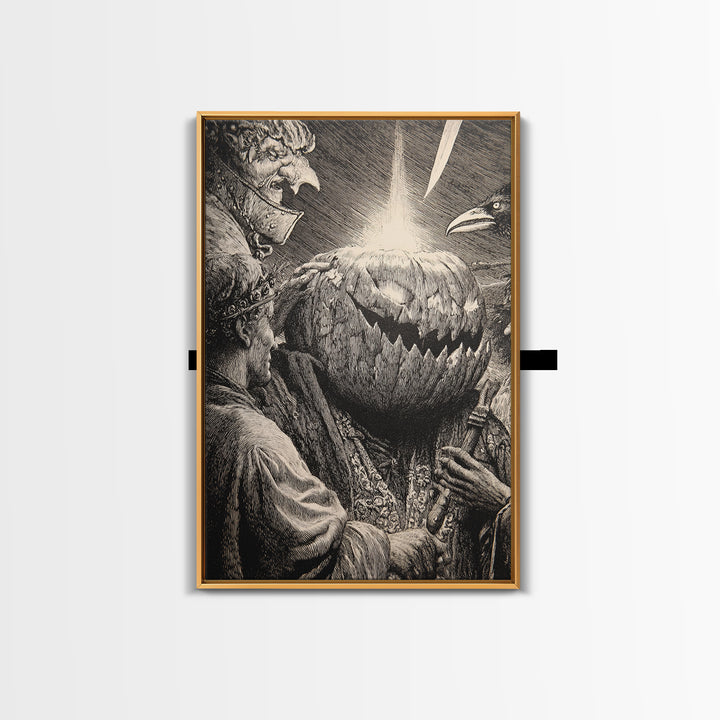The Pumpkin-Carving Ritual, Renaissance Engraving Art, Vertical Wall Art, Dark Fantasy Wall Art, Framed Canvas Print, Halloween Wall Art
