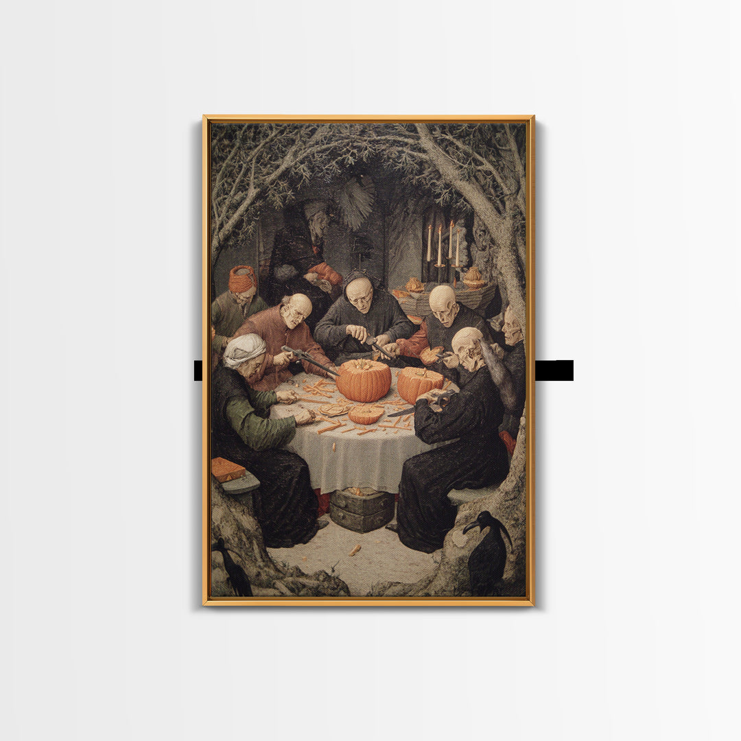 The Pumpkin-Carving Ritual, Danse Macabre Art, Vertical Wall Art, Dark Fantasy Wall Art, Canvas Print, Horror Wall Art
