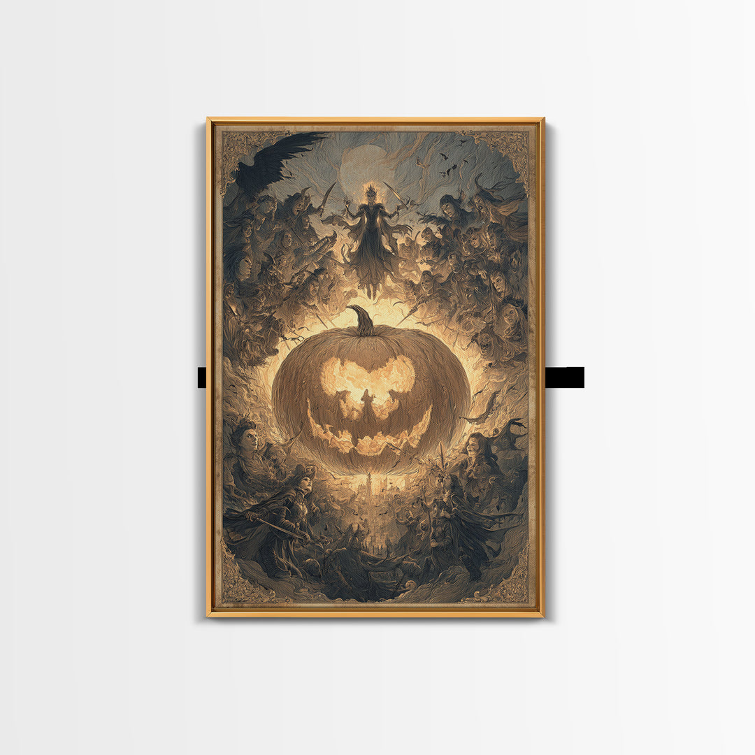 The Pumpkin-Carving Ritual, Visionary Gothic Art, Vertical Wall Art, Macabre Wall Art, Framed Canvas Print, Halloween Wall Art