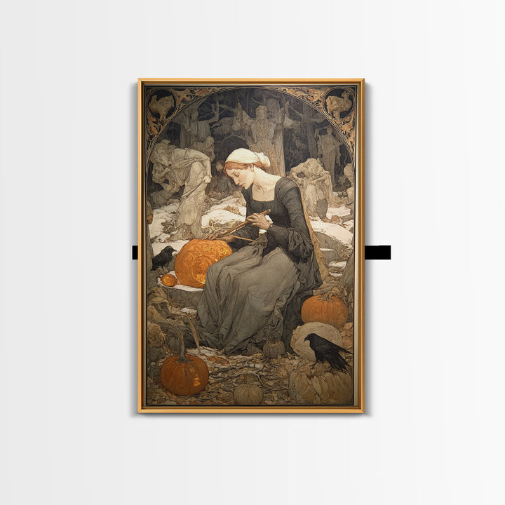 The Pumpkin-Carving Ritual, Symbolist Death Art, Vertical Wall Art, Gothic Horror Wall Art, Framed Canvas Print, Halloween Wall Art