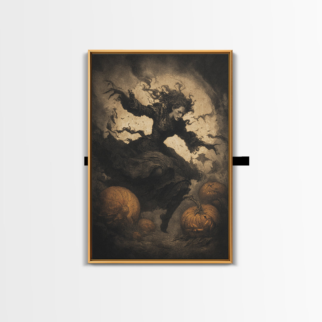 The Pumpkin-Carving Ritual, Dark Symbolist Art, Vertical Wall Art, Gothic Horror Wall Art, Framed Canvas Print, Halloween Wall Art