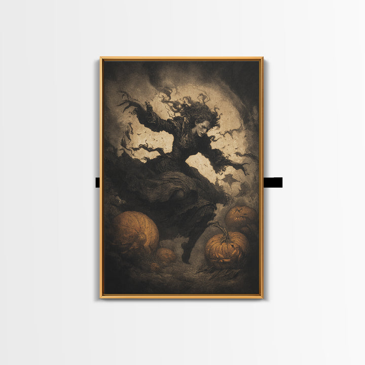 The Pumpkin-Carving Ritual, Dark Symbolist Art, Vertical Wall Art, Gothic Horror Wall Art, Framed Canvas Print, Halloween Wall Art