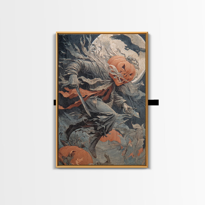 The Pumpkin-Carving Ritual, Symbolist Etching Art, Vertical Wall Art, Dark Halloween Decor, Framed Canvas Print, Halloween Wall Art