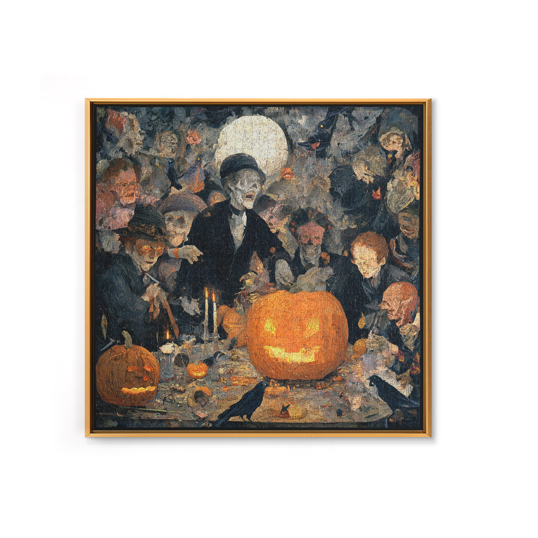 The Pumpkin-Carving Ritual, Grotesque Carnival Art, Square Wall Art, Dark Halloween Decor, Framed Canvas Print, Halloween Wall Art