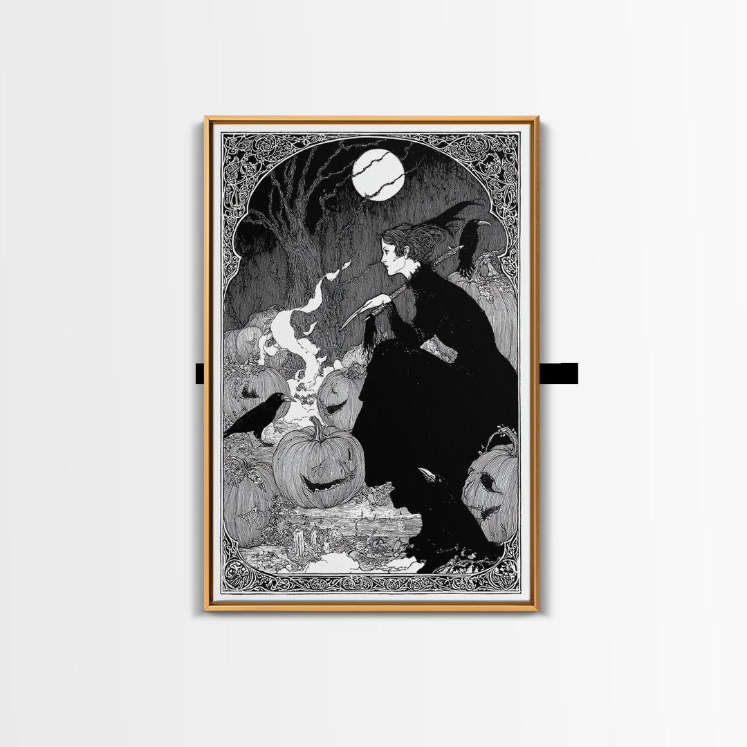 The Pumpkin-Carving Ritual, Decadent Line Art, Vertical Wall Art, Gothic Horror Wall Art, Canvas Print, Halloween Wall Art