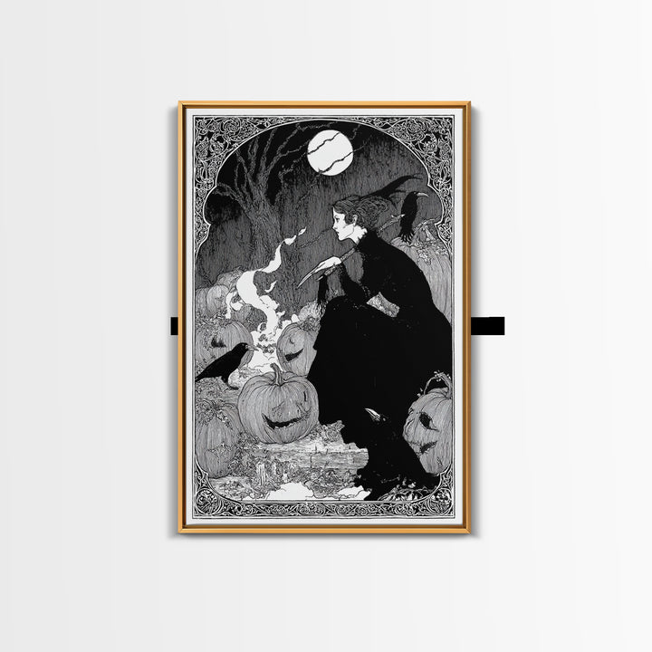 The Pumpkin-Carving Ritual, Decadent Line Art, Vertical Wall Art, Gothic Horror Wall Art, Canvas Print, Halloween Wall Art