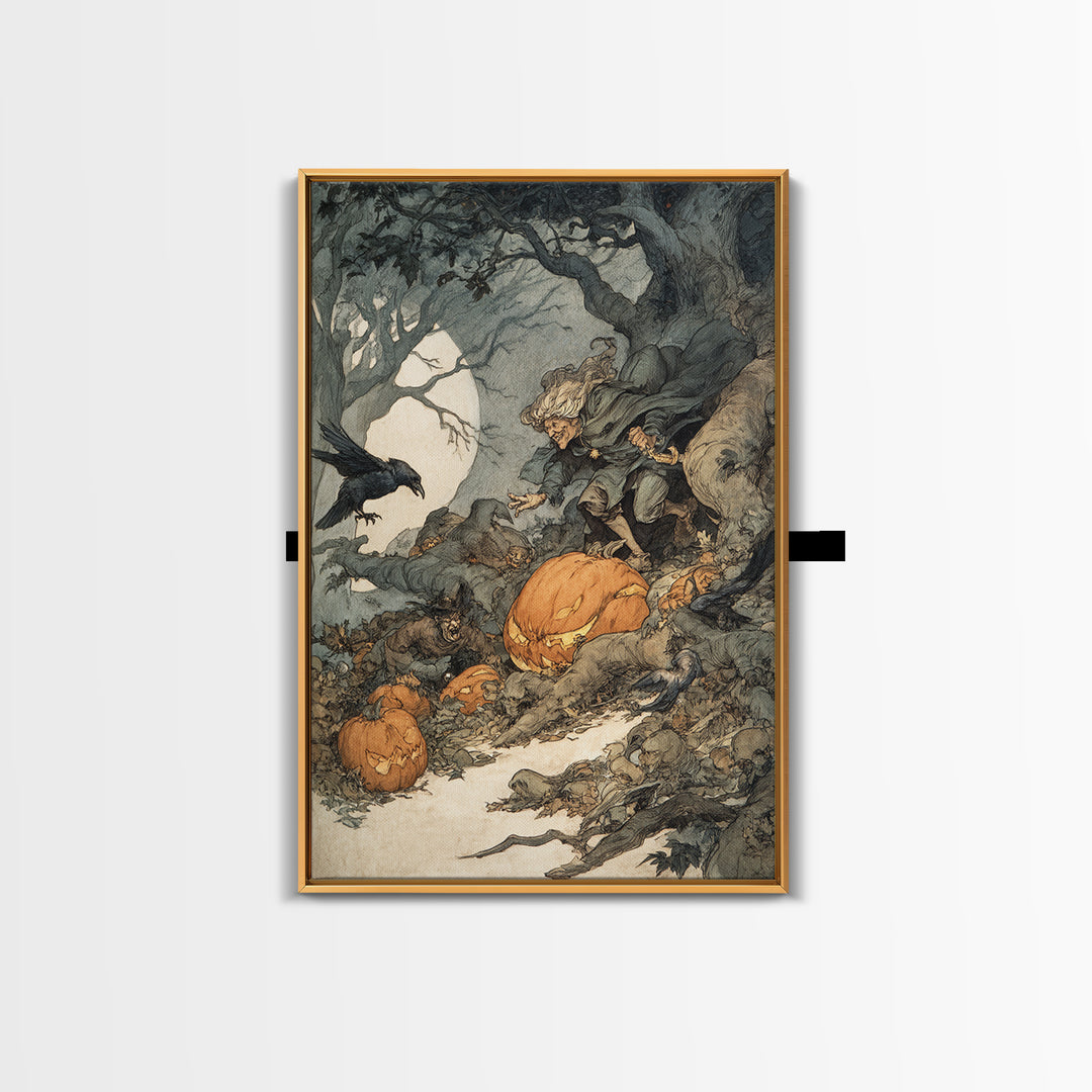The Pumpkin-Carving Ritual, Gothic Storybook Art, Vertical Wall Art, Macabre Wall Art, Framed Canvas Print, Halloween Wall Art