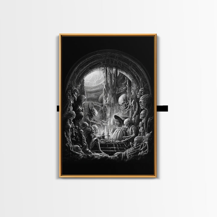 The Pumpkin-Carving Ritual, Biomechanical Horror Art, Vertical Wall Art, Dark Halloween Decor, Canvas Print, Halloween Wall Art