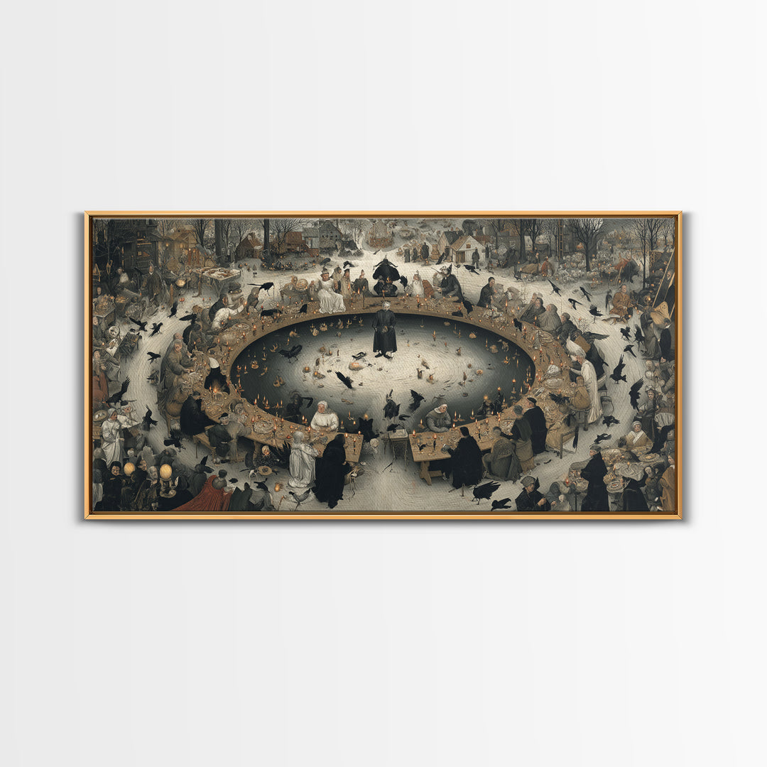 The Candlelit Seance, Northern Renaissance Horror, Wide Panoramic Art, Dark Halloween Decor, Canvas Print, Halloween Wall Art
