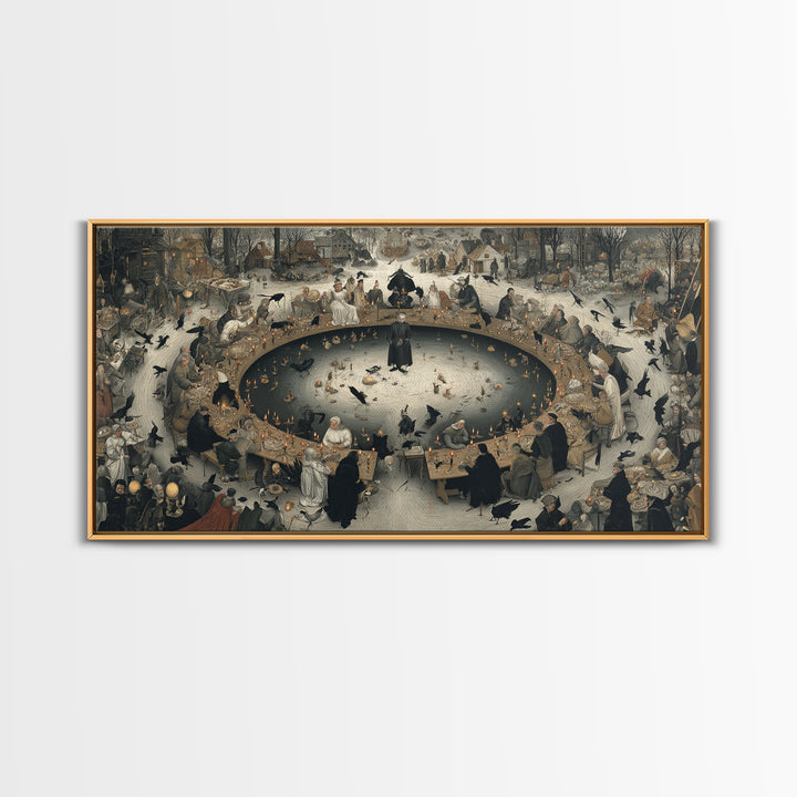 The Candlelit Seance, Northern Renaissance Horror, Wide Panoramic Art, Dark Halloween Decor, Canvas Print, Halloween Wall Art